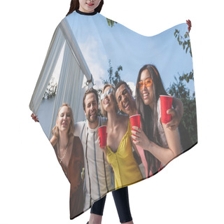 Personality  Happy Interracial Young People With Plastic Cups Embracing Outdoors  Hair Cutting Cape