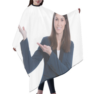 Personality  Smiling Business Woman Presenting Hair Cutting Cape