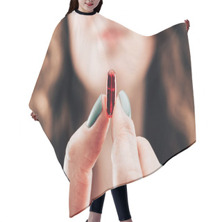 Personality  Partial View Of Woman Showing Pill In Hand Hair Cutting Cape