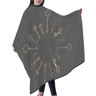 Personality  Top View Of Vintage Keys Forming Circle Frame On Black Table Hair Cutting Cape