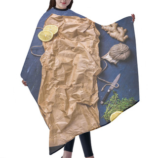Personality  Top View Of Crumpled Baking Paper With Lemon, Ginger, Rope And Knife On Blue Surface Hair Cutting Cape
