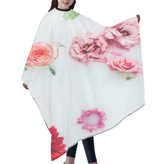 Personality  Top View Of Colorful Roses, Gerbera And Chrysanthemum Flowers In Milk Hair Cutting Cape