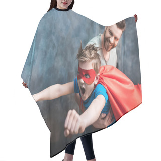 Personality  Excited Boy In Superhero Costume Hair Cutting Cape