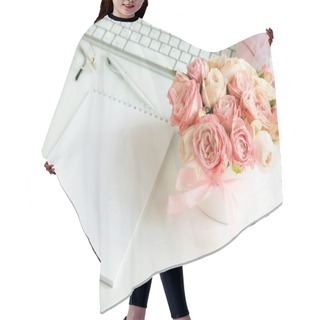 Personality  Office Feminine Desk, Female Accessories, Workspace With Laptop,  Notebook And Bouquet Beautiful Pale Pink Roses. Holidays Concept.Copy Space Hair Cutting Cape