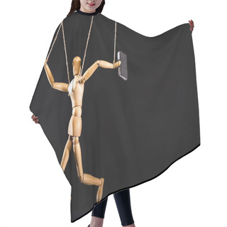 Personality  Wooden Marionette On Strings With Suitcase Isolated On Black Hair Cutting Cape