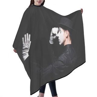 Personality  Mime Pretending Looking In Spyglass Isolated On Black Hair Cutting Cape