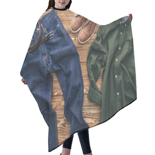 Personality  Top View Of Green Shirt, Shoes And Jeans On Wooden Background Hair Cutting Cape