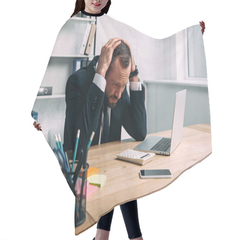 Personality  portrait of stressed businessman at workplace with laptop in office hair cutting cape