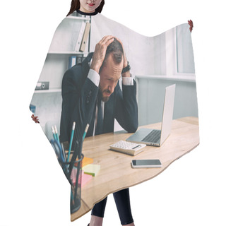 Personality  Portrait Of Stressed Businessman At Workplace With Laptop In Office Hair Cutting Cape