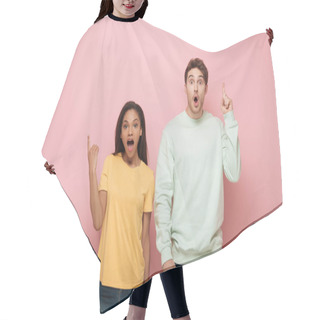 Personality  Excited Interracial Couple Showing Idea Signs While Looking At Camera On Pink Background Hair Cutting Cape