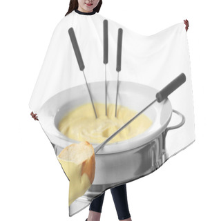 Personality  Cheese Fondue In Pot And Piece Of Bread On Stick Against White Background Hair Cutting Cape