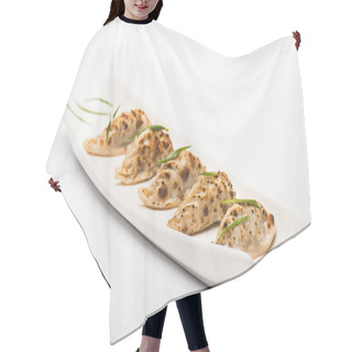 Personality  Delicious Gyoza Served On Plate On White Background Hair Cutting Cape