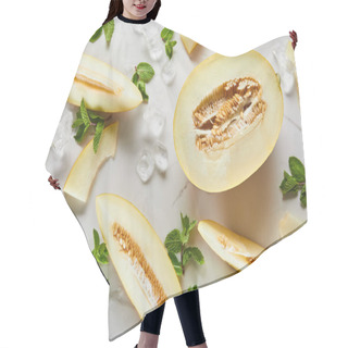 Personality  Top View Of Cut Delicious Seasonal Melon On Marble Surface With Mint And Ice Hair Cutting Cape