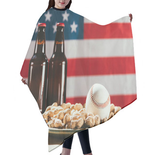 Personality  Close-up View Of Baseball Ball On Plate With Peanuts And Beer Bottles With Us Flag Behind Hair Cutting Cape