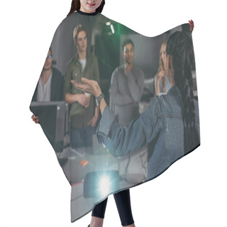 Personality  Young People Watching Presentation In Modern Office, Woman Pointing On Screen Hair Cutting Cape