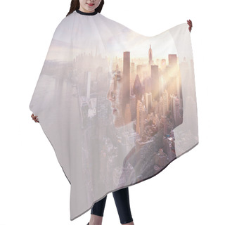 Personality  Double Exposure Of Beautiful Woman Profile And New York Evening Cityscape Hair Cutting Cape