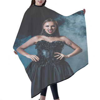 Personality  Scary Vampire Girl With Fangs In Black Gothic Dress On Black Background With Smoke Hair Cutting Cape
