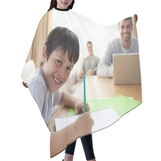 Personality  Boy Painting And Parents Working At Home Hair Cutting Cape