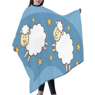 Personality  White Little Cartoon Sheeps Or Lambs Are Flying In The Blue Night Sky. Allegory Of Sleeping And Sweet Dreams. Hair Cutting Cape