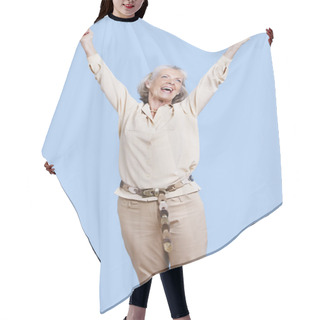Personality  Excited Senior Woman With Arms Raised Hair Cutting Cape