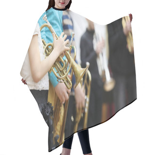 Personality  A Group Of Children Students Young Musicians Boys And Girls With Musical Instruments Trumpet Standing In A Row In The Classroom Listening Attentively.The Concept Of School Music Education Hair Cutting Cape