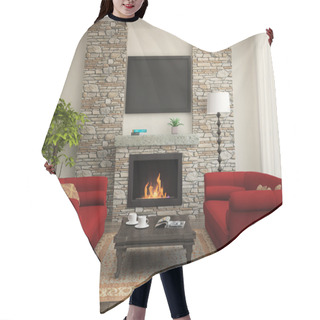 Personality  Modern Interior With Red Sofas And Fireplace Hair Cutting Cape