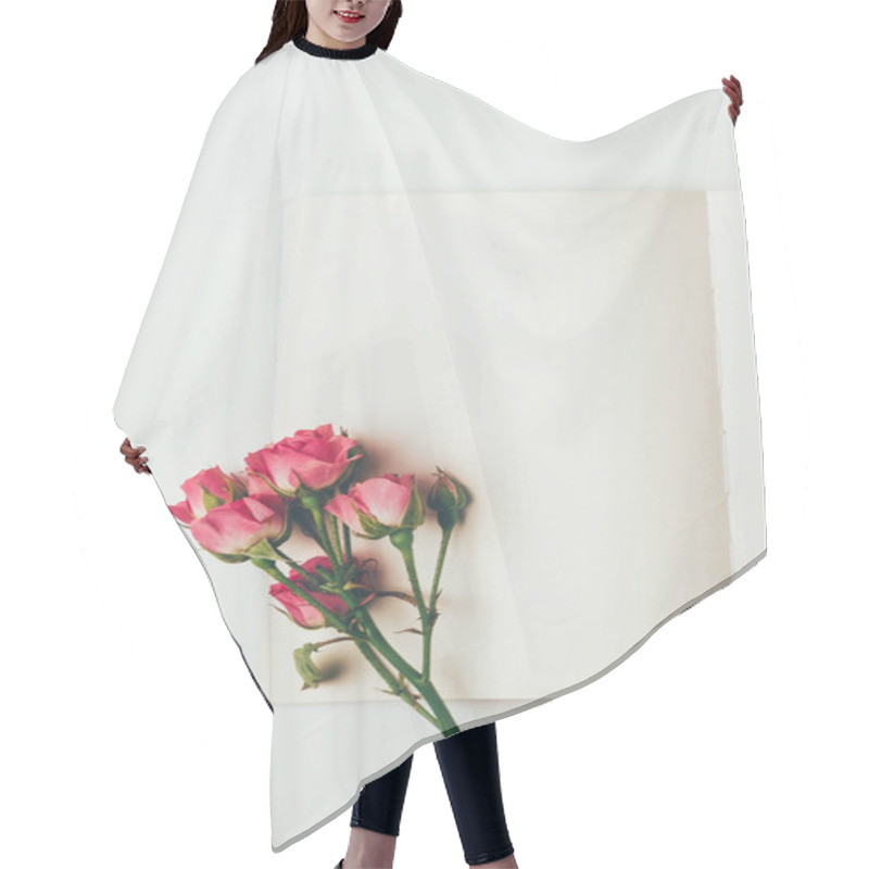 Personality  top view of beautiful pink roses on branch and blank card isolated on grey hair cutting cape