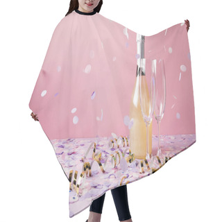 Personality  Bottle Of Champagne, Glasses And Falling Confetti Pieces On Violet Surface Hair Cutting Cape