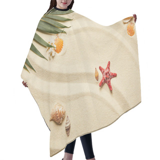 Personality  Top View Of Red Starfish And Seashells Near Green Palm Leaf On Sand Hair Cutting Cape