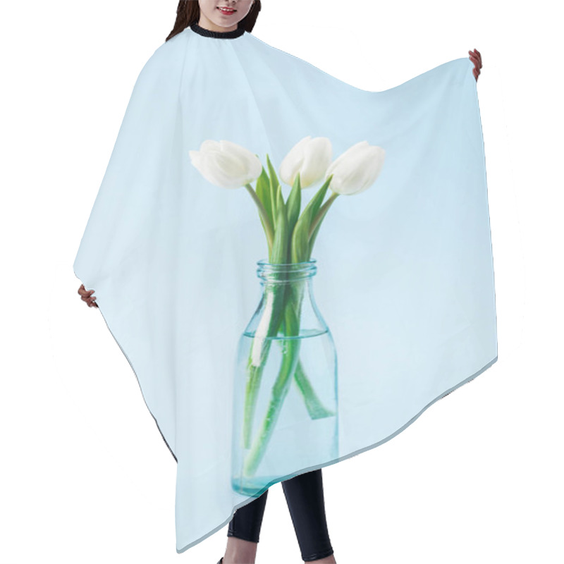 Personality  Bouquet Of White Tulips In Transparent Glass Vase On Blue Background Hair Cutting Cape