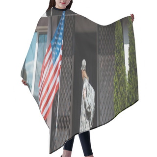 Personality  Military Servicewoman With Backpack Leaving House, Standing On Threshold, Banner Hair Cutting Cape