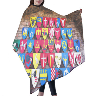 Personality  CHECINY, POLAND - OCT 10, 2019: Polish Knights Coat Of Arms At Checiny Castle, Poland Hair Cutting Cape