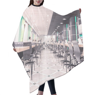 Personality  Modern Interior Of Cafeteria Or Canteen With Chairs And Tables, Eating Room In Selective Focus Hair Cutting Cape