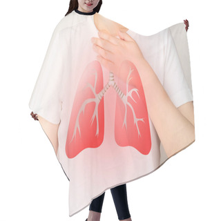 Personality  Young Ill Female Have A Cough And Shortness Of Breath With Lung Organ Symbol. Pulmonary Disease Include Pneumonia, Asthma, COPD, TB, Lung Cancer Or Respiratory Tract Infection. Hair Cutting Cape