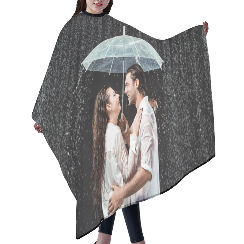 Personality  Side View Of Romantic Couple In White Shirts Standing Under Umbrella Under Raindrops Isolated On Black Hair Cutting Cape