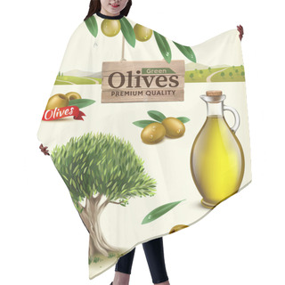 Personality  Realistic Vector Illustration Of Fruit Olives, Olive Oil, Olive Branch, Olive Tree, Olive Farm. Label Of Green Olives With Realistic Olive Branch Against The Backdrop Of Olive Plantations Hair Cutting Cape