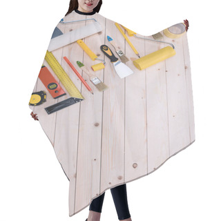 Personality  Top View Of Set Of Construction Tools On Wooden Table Hair Cutting Cape