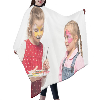 Personality  Cute Child With Cat Muzzle Painting On Face Holding Palette And Paintbrush Near Friend With Painted Butterfly Mask Isolated On White Hair Cutting Cape