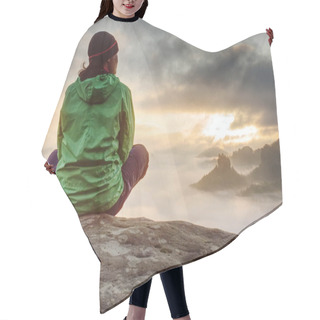 Personality  Young Active Woman With Trekking Equipment Sitting, Relaxing Hair Cutting Cape