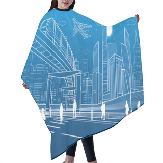 Personality  Monorail Bridge Across The Highway. Urban Infrastructure, Modern City On Background, Industrial Architecture. People Walking. White Lines Illustration, Night Scene, Vector Design Art  Hair Cutting Cape