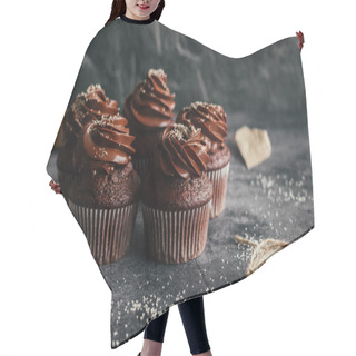 Personality  Delicious Chocolate Cupcakes. Cupcakes On A Concrete Table. Chocolate Biscuit And Chocolate Ganache Hair Cutting Cape