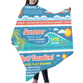 Personality  Summer Travel - Decorative Horizontal Vector Banners Set In Flat Style Design Trend. Summer Travel Vector Backgrounds. Summer Vacation Layout. Summer, Travel And Transport Flat Icons. Design Elements. Hair Cutting Cape