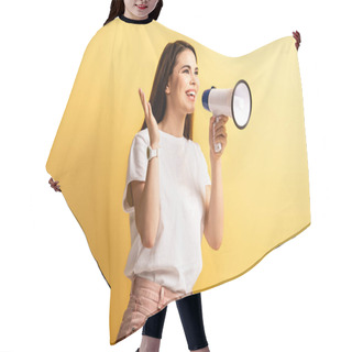 Personality  Happy Girl Speaking In Megaphone While Standing With Open Arm And Looking Away On Yellow Background Hair Cutting Cape