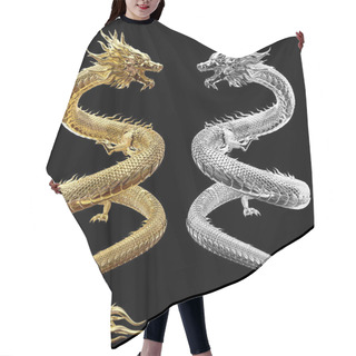 Personality  Full Twin Body Gold And Silver Dragon In Smart Pose With 3d Rendering Include Alpha Path. Hair Cutting Cape
