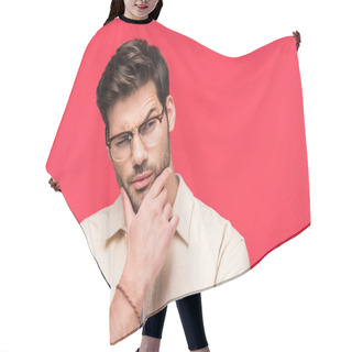 Personality  Handsome Thoughtful Man Touching Chin Isolated On Pink Hair Cutting Cape