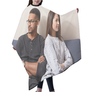 Personality  Photo Of Two Offended Young People In Love Feel Jealous, Turn From Each Other, Keep Hands Crossed, Have Crisis In Their Family, Pose At Sofa, Being Displeased. Interracial Relationship Concept Hair Cutting Cape