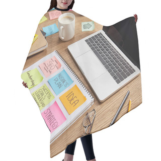 Personality  Paper Stickers With Business Strategy, Glasses And Laptop On Tabletop Hair Cutting Cape