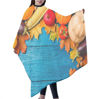 Personality  Image Of Blue Wooden Table With Autumn Vegetables, With Place For Inscription Hair Cutting Cape
