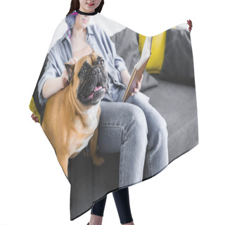 Personality  Selective Focus Of Cute Bulldog Sitting On Sofa With Girl Reading Book Hair Cutting Cape