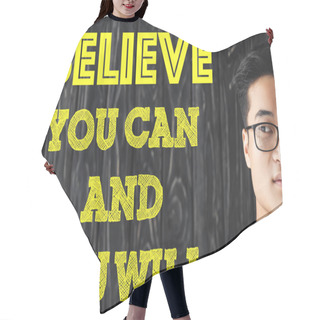 Personality  Cropped View Of Asian Man In Glasses And Illustration With You Can And You Will Lettering  Hair Cutting Cape